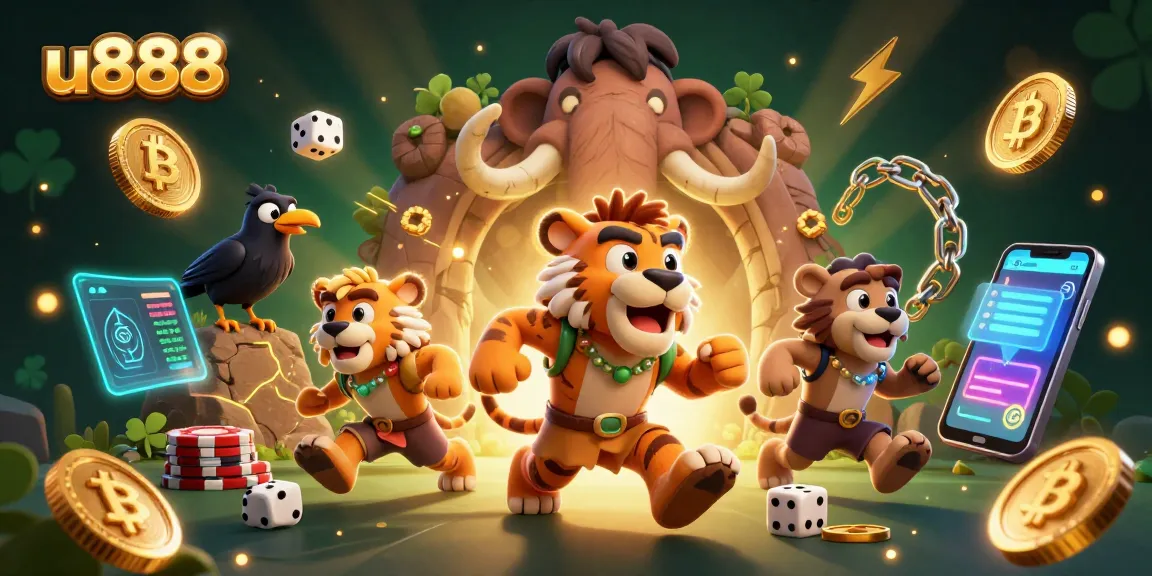 Join the excitement at u888 with a vibrant casino scene featuring prehistoric characters and crypto elements.