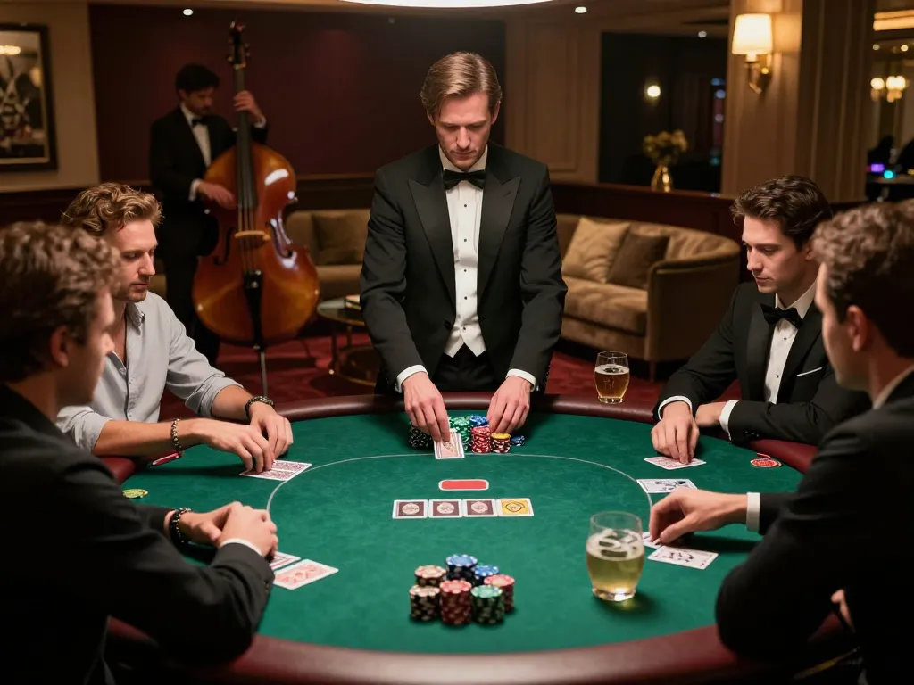 Pemain yang terlibat sedang merencanakan strategi dalam permainan poker yang menggetarkan di kasino premium, menangkap esensi suasana malam yang hidup dari rokok 88.