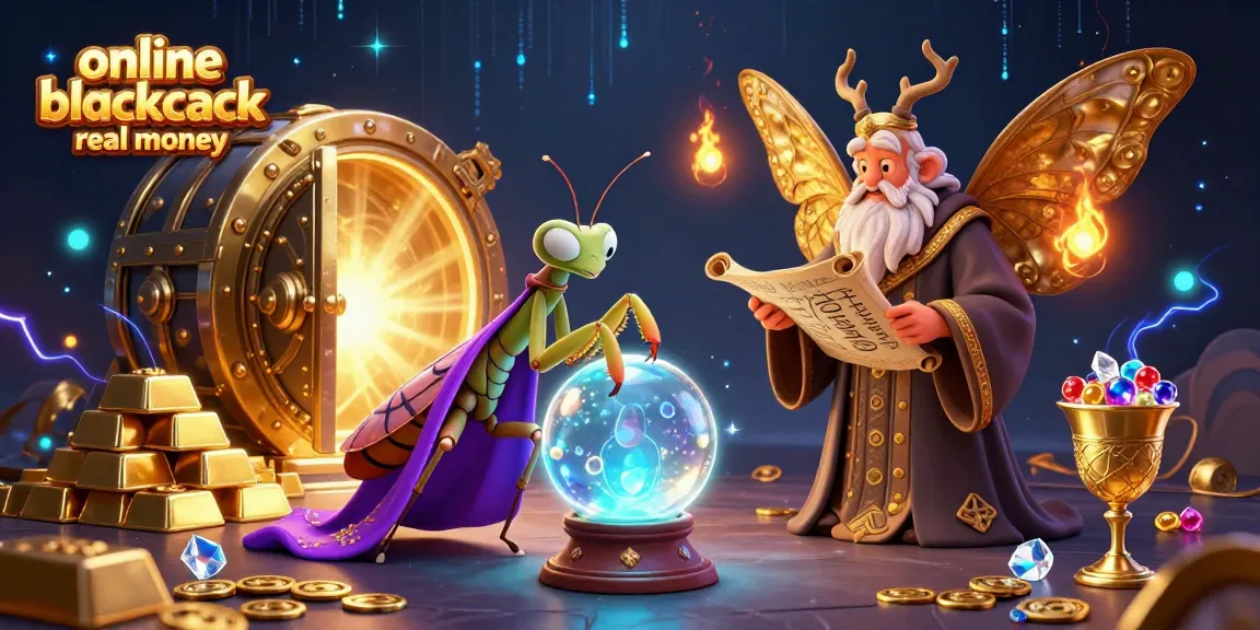 Experience online blackjack real money with colorful gems, golden treasures, and whimsical characters in a vibrant 3D scene.