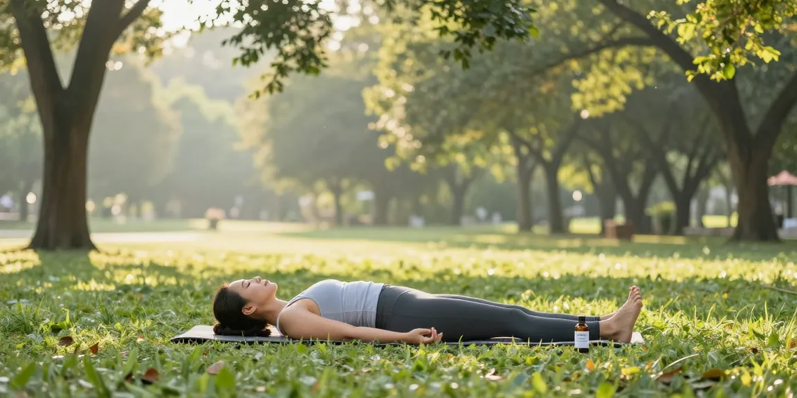 Ministry of Cannabis CBD oil bottle beside yoga mat in peaceful outdoor wellness routine.