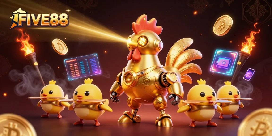Engage with FIVE88's exciting casino experience featuring vibrant 3D elements and a golden robot.