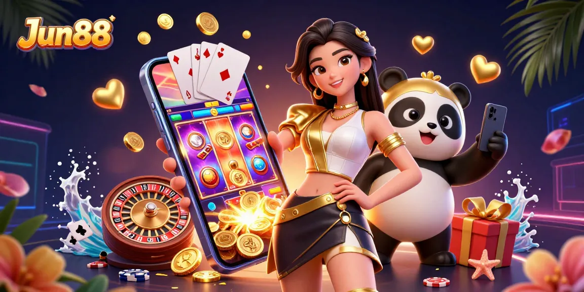 Experience the excitement of Jun88 with a vibrant illustration showcasing a thrilling casino adventure.