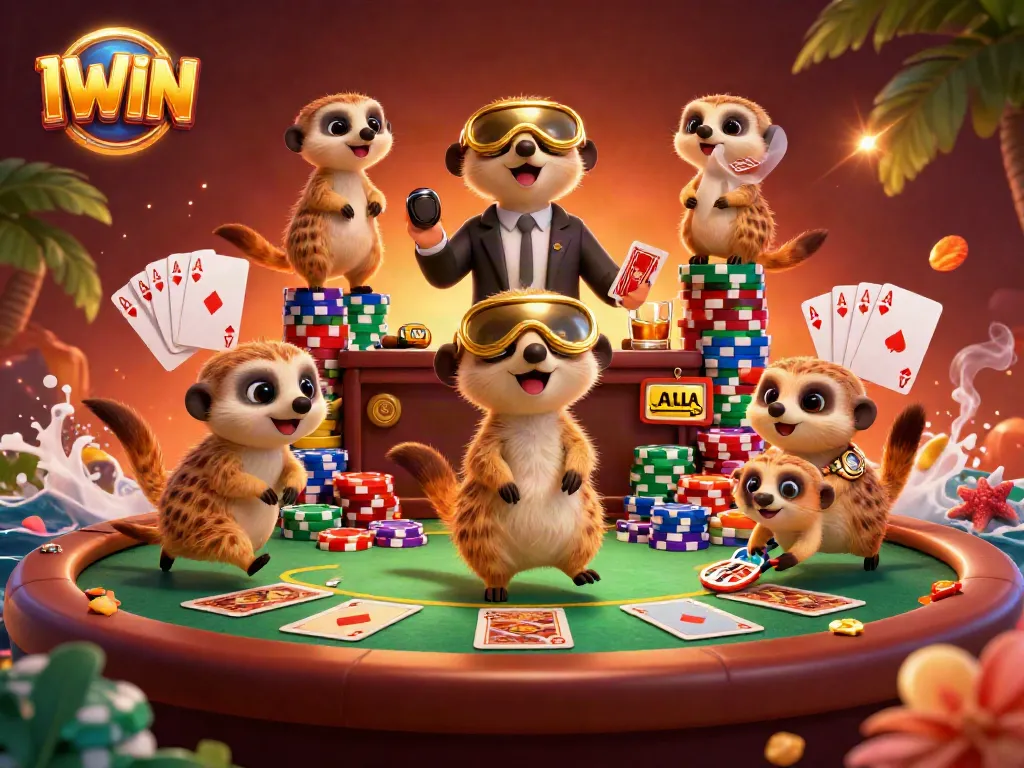Win big at IWIN casino with meerkats leading a vibrant card game operation.