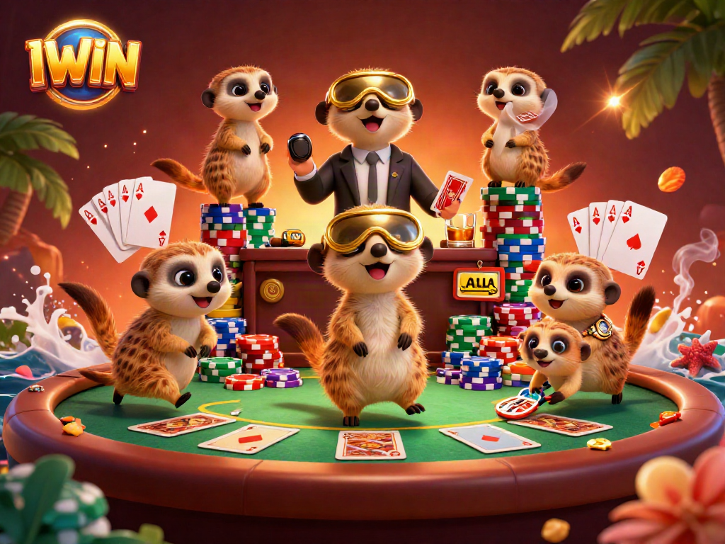 Win big at IWIN casino with meerkats leading a vibrant card game operation.