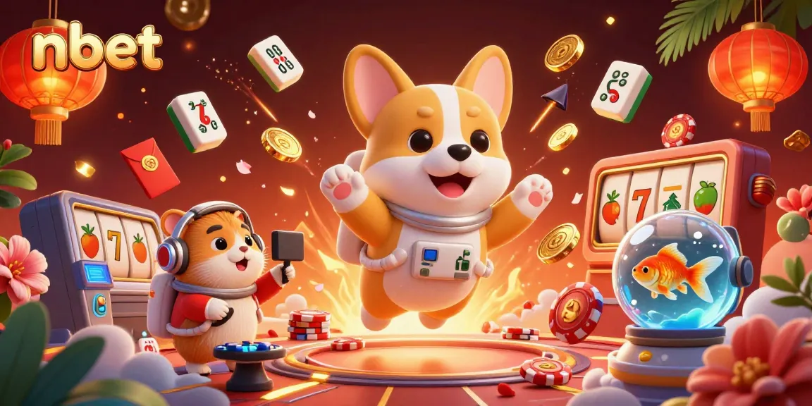 Experience nbet's thrilling gaming adventure with a floating corgi astronaut and vibrant casino elements.