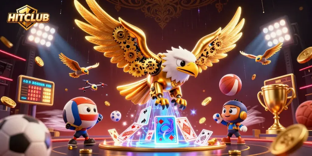 Experience the excitement of HITCLUB with a dynamic illustration of a cybernetic eagle and soaring sports elements.
