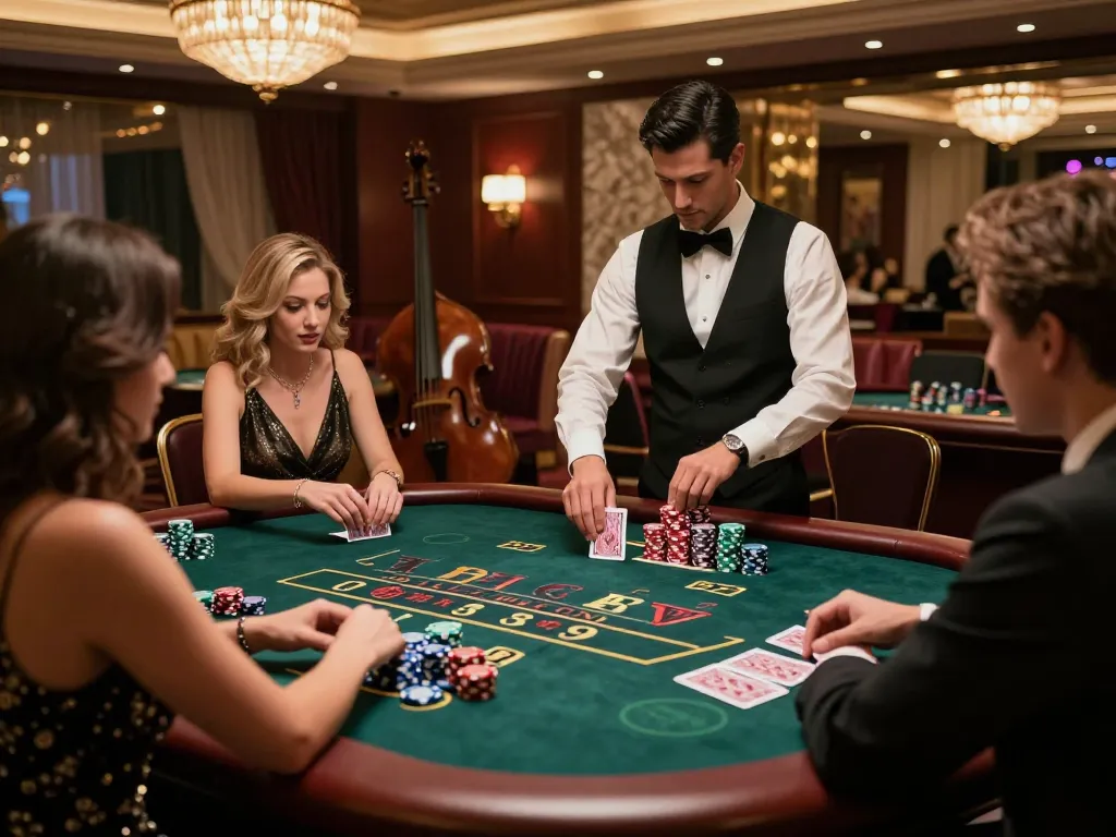 Kuwin blackjack table with players strategizing bets in a luxurious Vegas casino atmosphere.