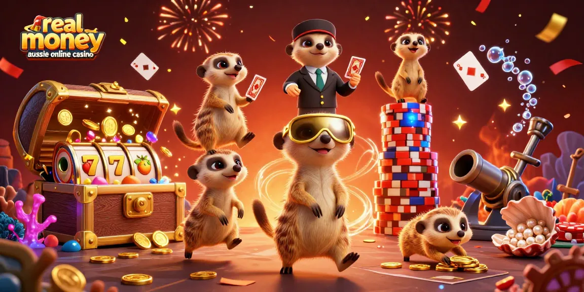 Experience excitement with real money aussie online casino games featuring animated meerkats running a casino.