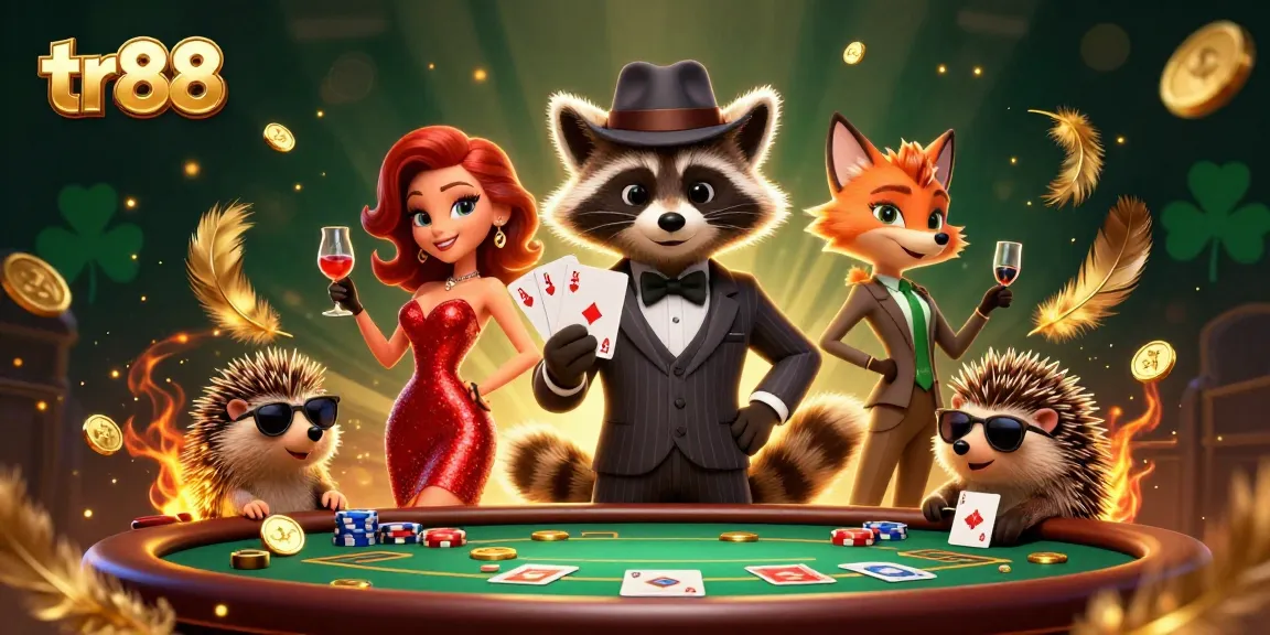 Experience thrilling poker with tr88 as a suave raccoon deals a royal flush alongside charming companions.