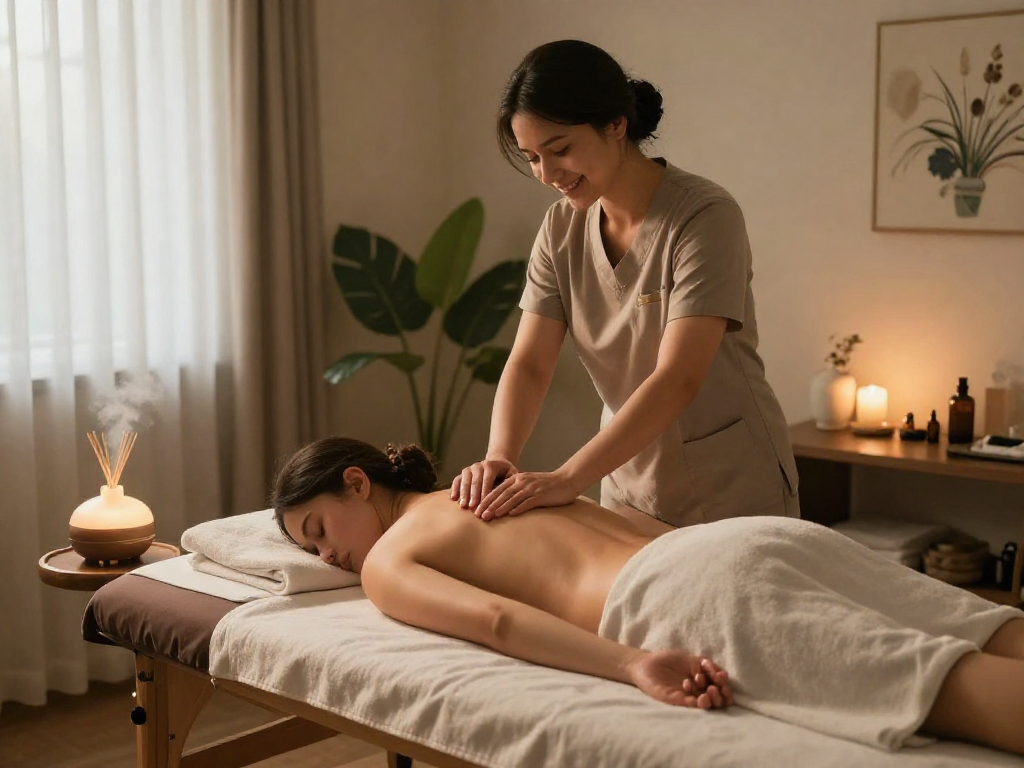 강동구출장안마: Relaxing massage therapy scene showcasing essential oils, serene atmosphere, and professional therapist.