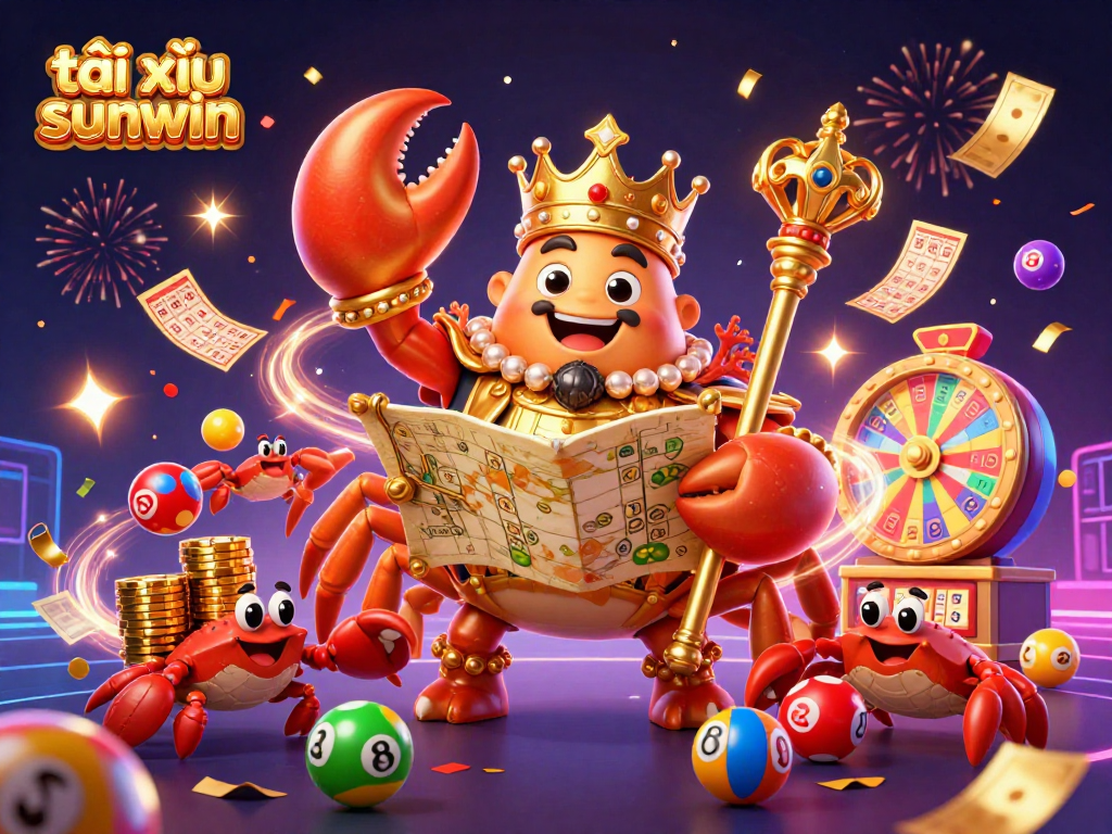 Engage with tài xỉu sunwin in a festive 3D illustration featuring a golden crab emperor and dynamic game elements.