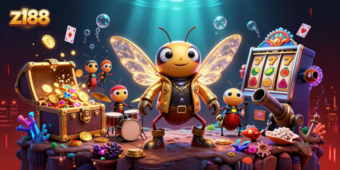 Engage in thrilling wins at Z188 with a vibrant 3D scene of a rock star cicada and treasure-filled underwater adventure