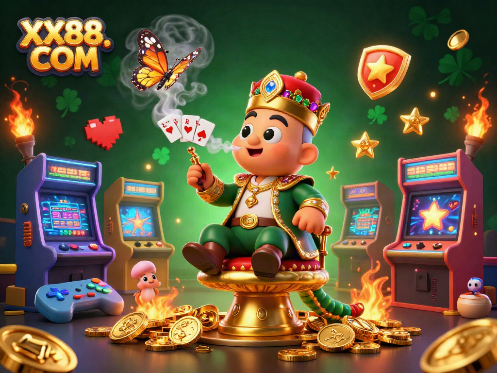 Experience an exciting poker scene at XX88. COM with a caterpillar and colorful arcade elements.