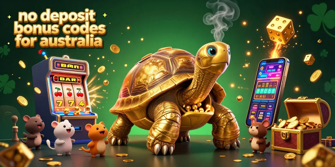 No deposit bonus codes for australia illustrated with a golden tortoise pinball machine, slot machine, and festive casino elements.