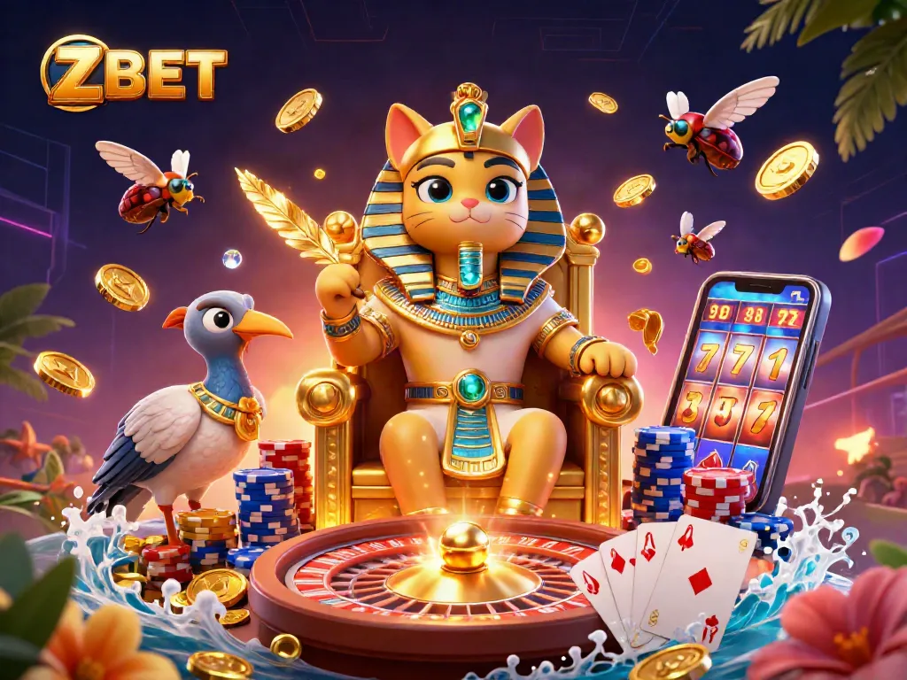 Experience the thrill of ZBET with a dynamic 3D illustration showcasing a royal pharaoh cat and exciting casino elements.