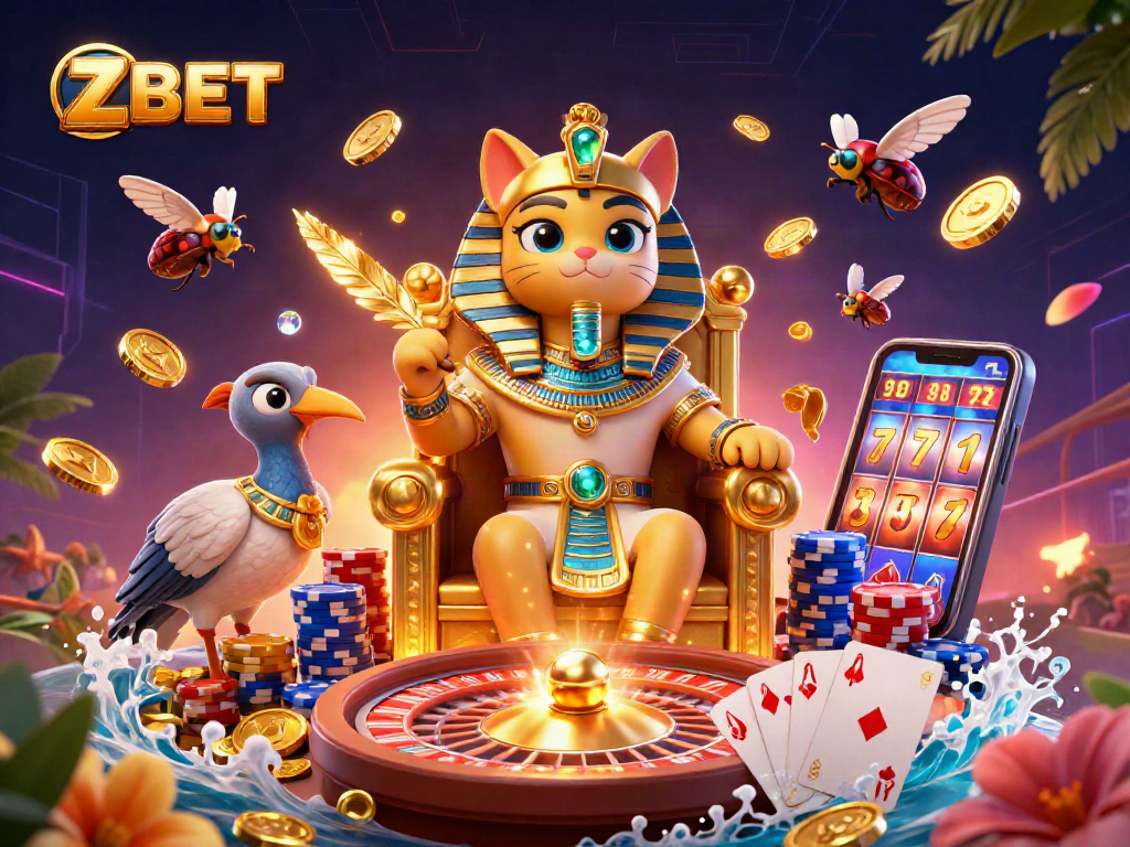 Experience the thrill of ZBET with a dynamic 3D illustration showcasing a royal pharaoh cat and exciting casino elements.
