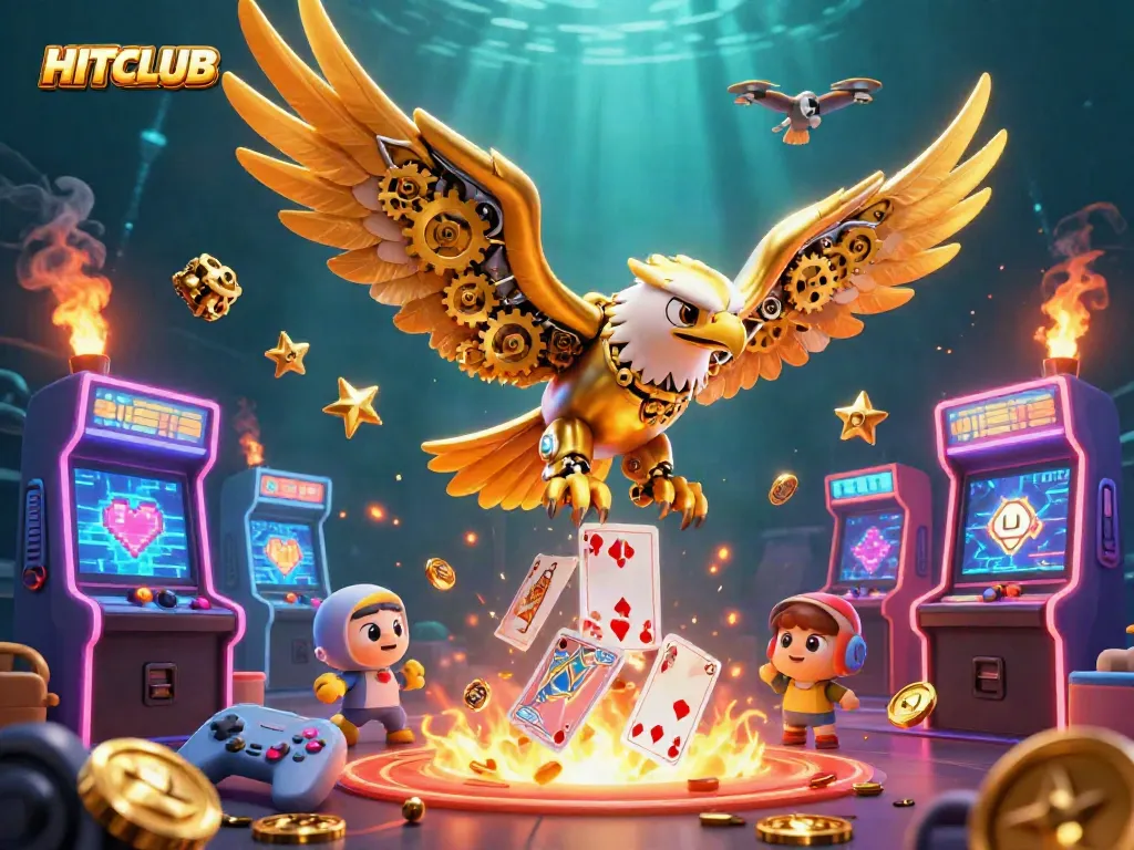 Experience the thrill of HITCLUB as a golden eagle soars amid vibrant casino elements.