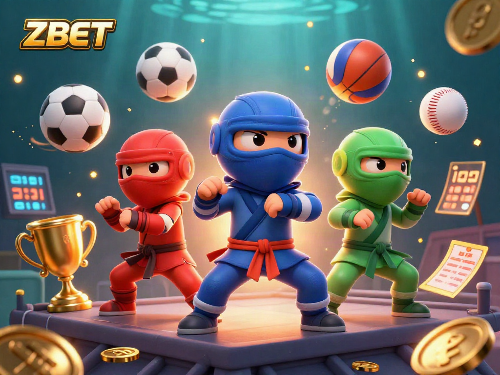 ZBET showcases a vibrant scene with ninja chameleons and dynamic sports betting elements in captivating 3D art.