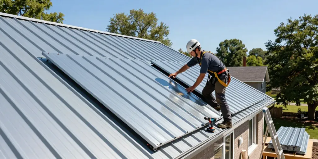 Metal roofing installation by a skilled contractor at mroof.ca showcasing quality craftsmanship and tools.