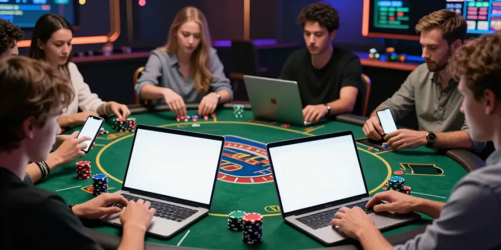 Engaged players using https://fc88v1.com/ for an exciting online gambling experience with vibrant digital screens and interactive activities.