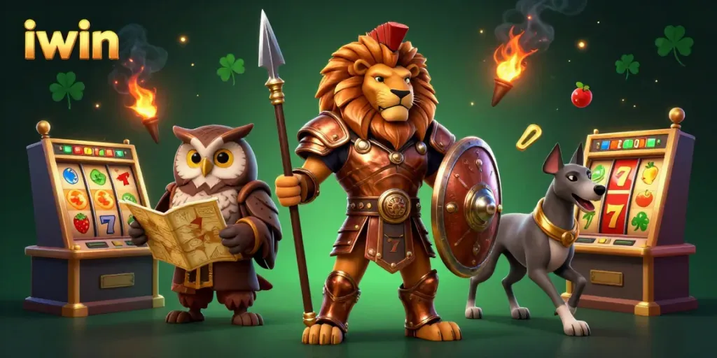 Experience thrilling gameplay at iwin with a Spartan lion, owl strategist, and greyhound surrounded by slot symbols.