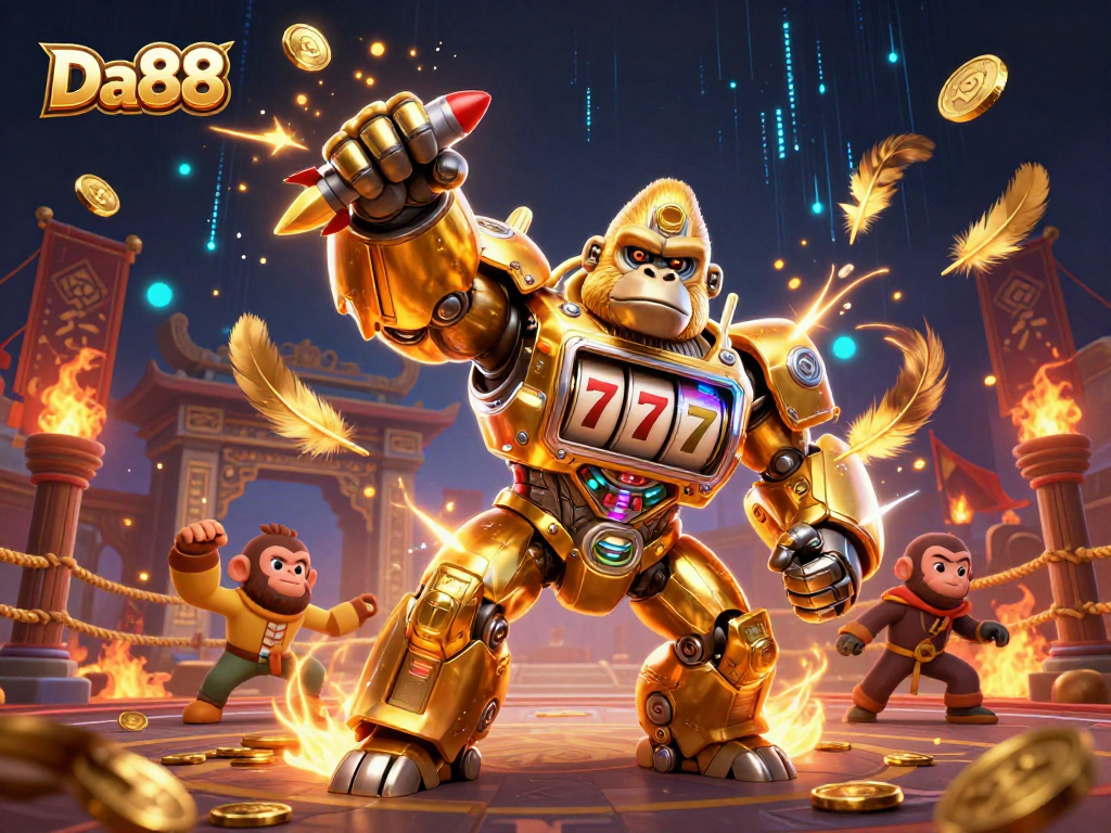 Experience thrilling wins at Da88 with a dynamic golden gorilla mech illustration showcasing premium casino elements.