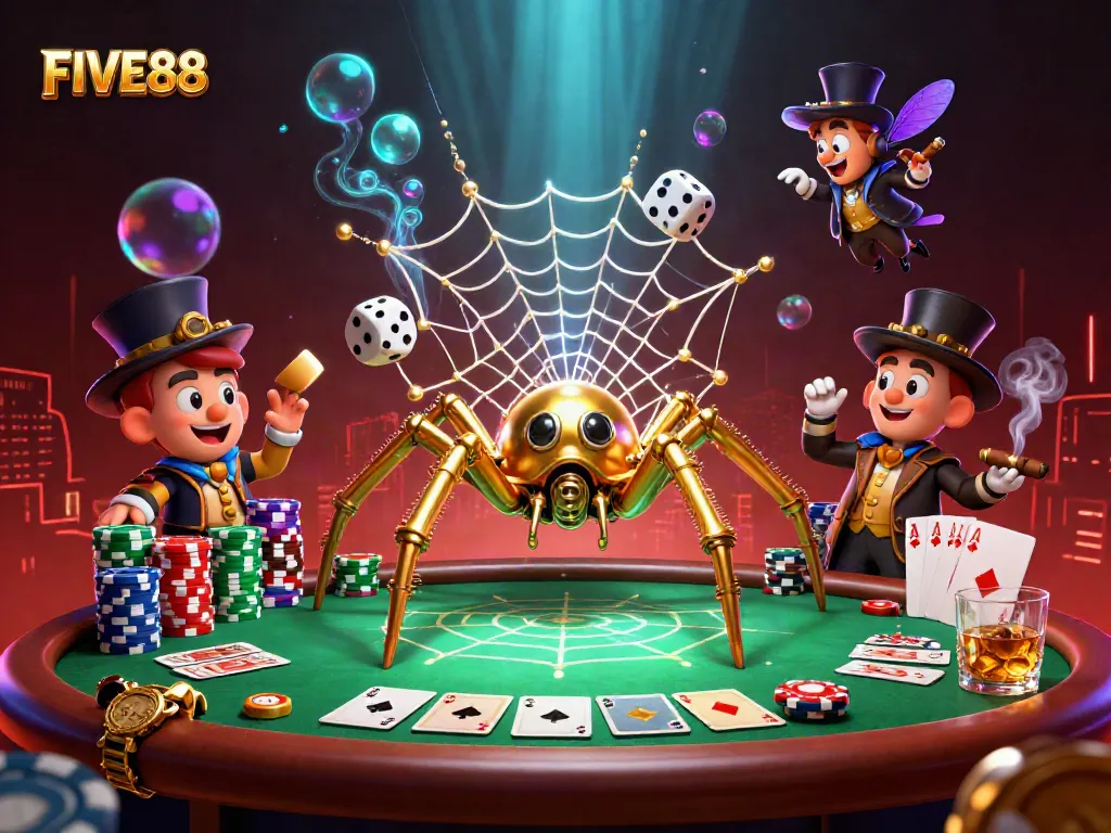 Engage with FIVE88's vibrant casino atmosphere featuring a steampunk spider and poker elements.