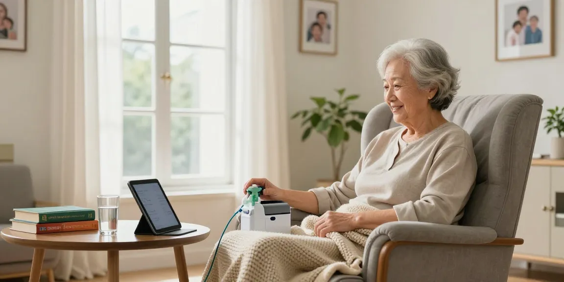 Senior using a portable oxygen tank comfortably seated in a bright living room.