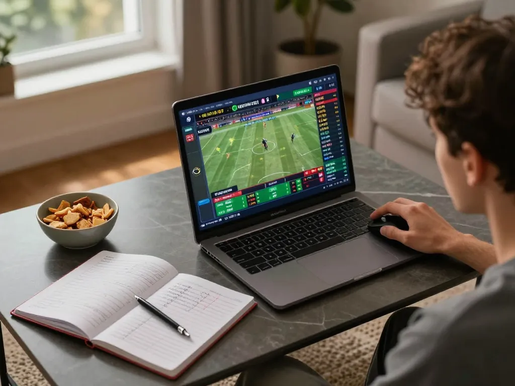 Person analyzing betting odds at home using lu88 online sports platform, emphasizing strategic gameplay.