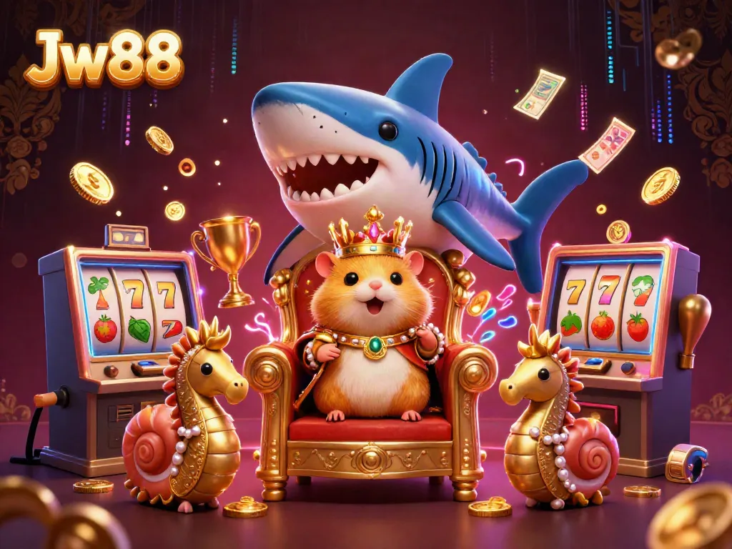 Experience the excitement of Jw88 casino with vibrant elements, including a hamster king and dynamic slot machines.
