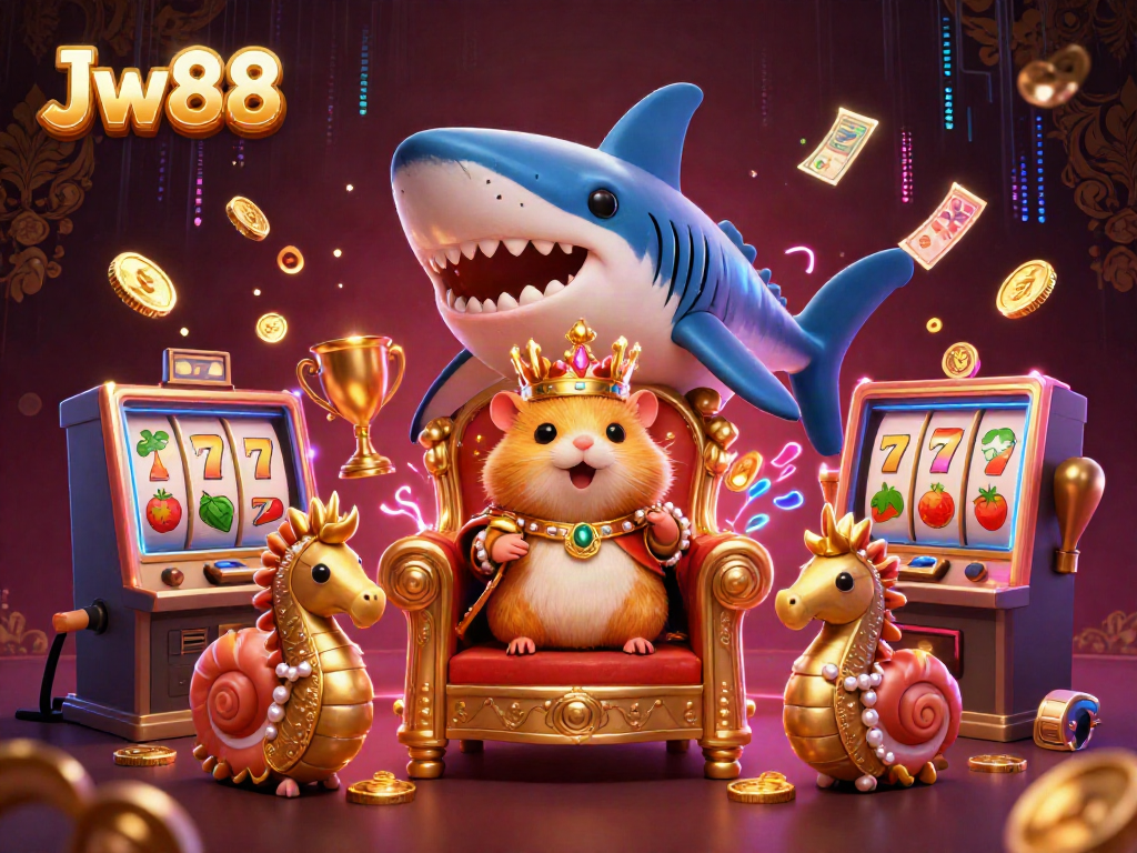 Experience the excitement of Jw88 casino with vibrant elements, including a hamster king and dynamic slot machines.