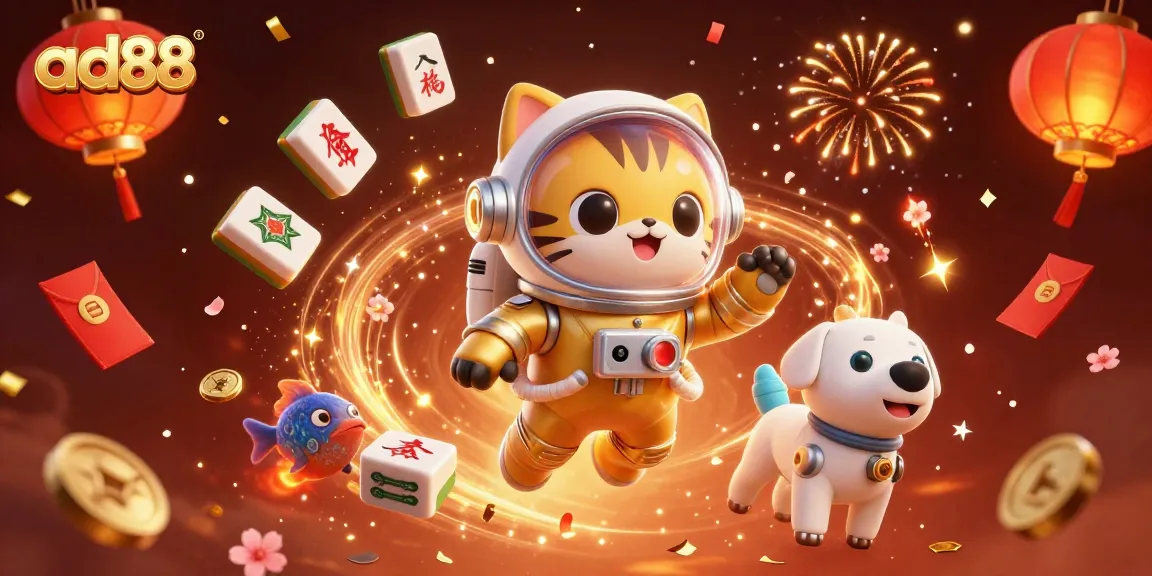 Experience thrilling gameplay at ad88 with a cartoon astronaut cat and cosmic casino elements.