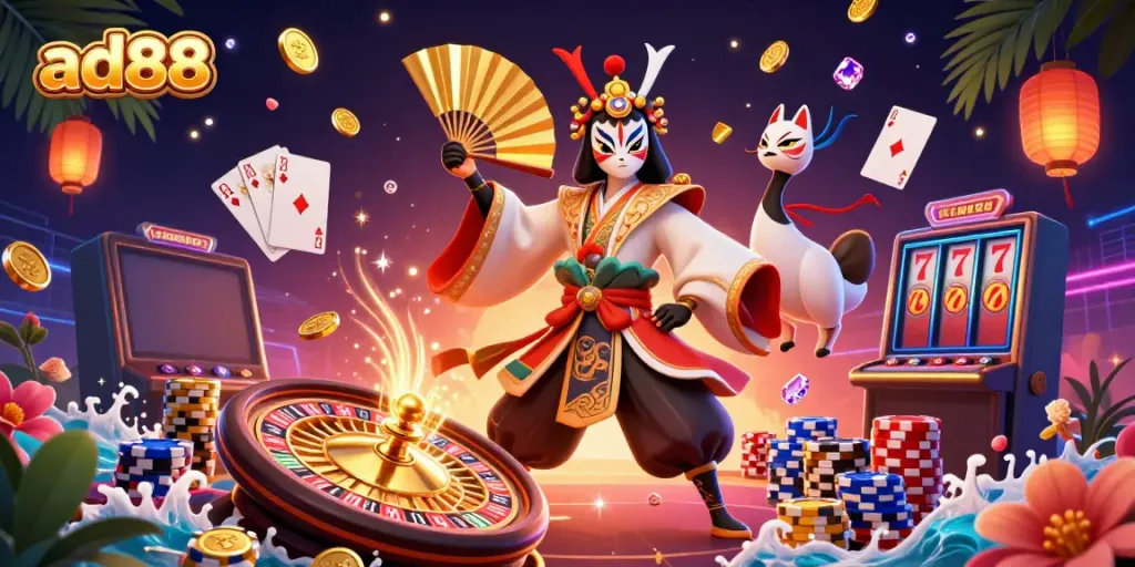 Experience excitement at ad88 while spinning the roulette wheel and winning treasures in a vibrant casino scene.