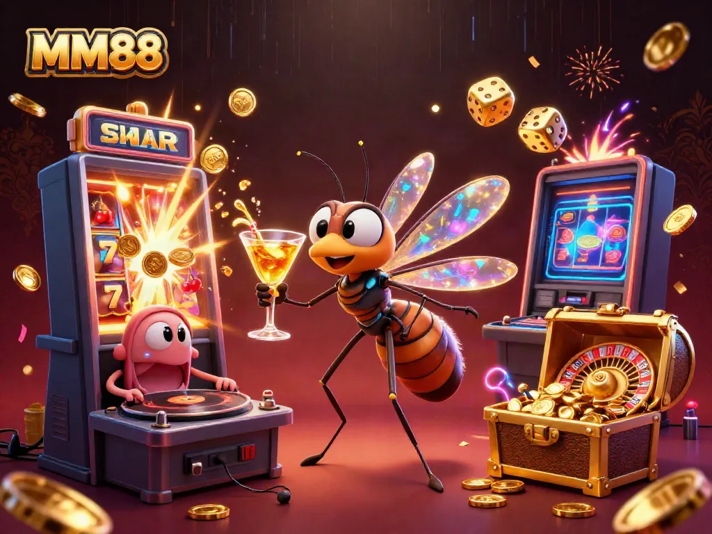Experience the excitement of MM88 with a vibrant casino-themed illustration featuring dynamic characters and explosive game elements.