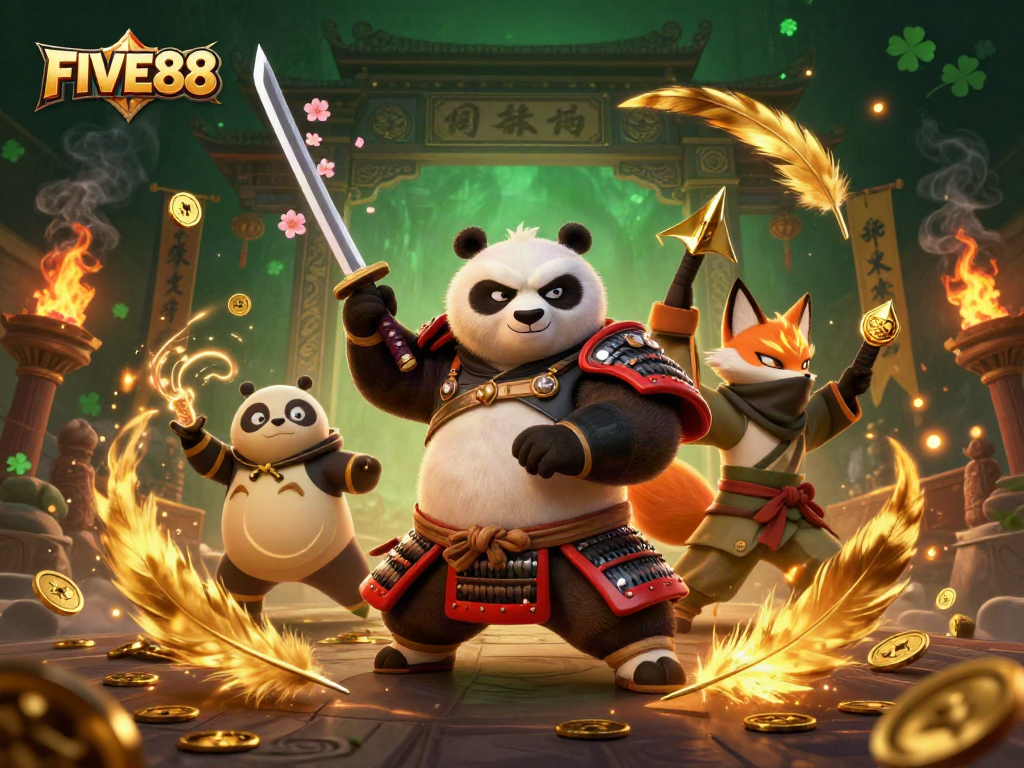 FIVE88 casino scene featuring vibrant 3D characters engaging with gold coins and dynamic gaming elements.