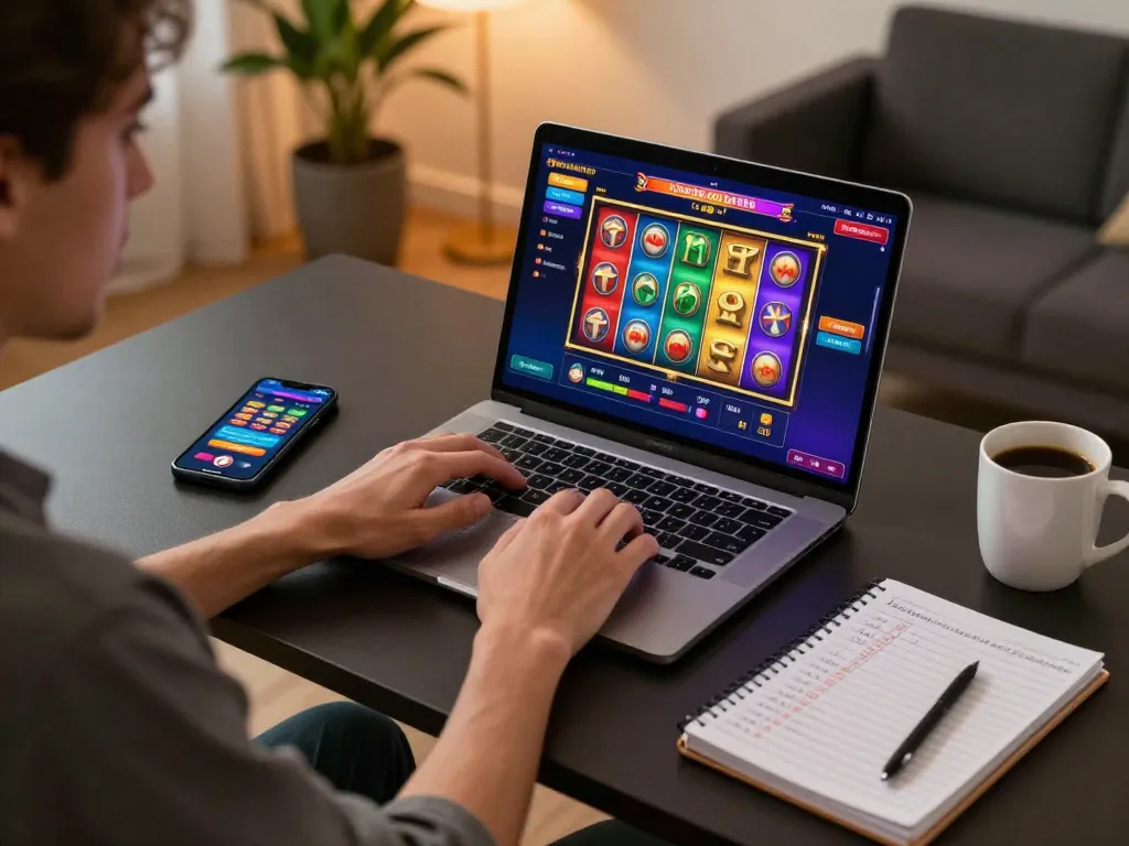 Player engaging with live casino games on laptop, showcasing popular 888b games in a stylish home setup