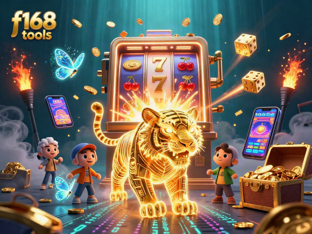 Experience the thrill of f168 tools in a vibrant casino setting with a golden tiger and jackpot symbols.