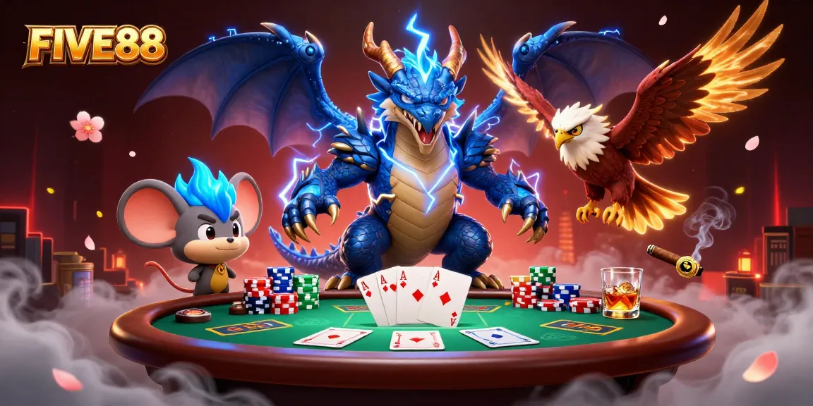 Experience thrilling poker action at FIVE88 Casino with dynamic characters and vibrant elements.