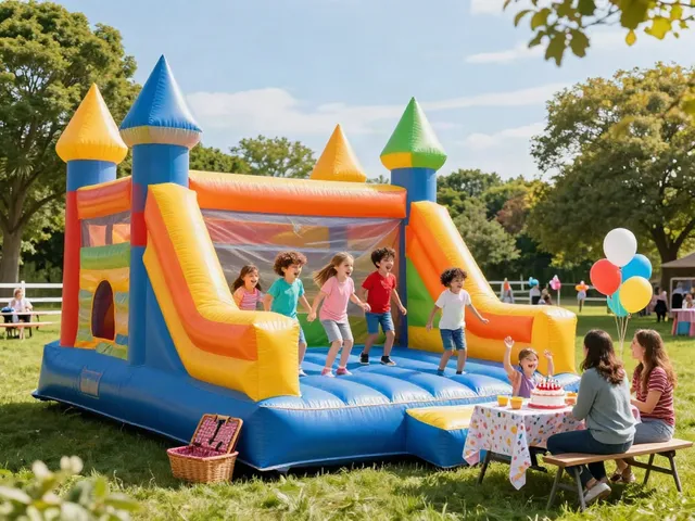 Children joyfully playing in a colorful inflatable castle at a vibrant outdoor party.