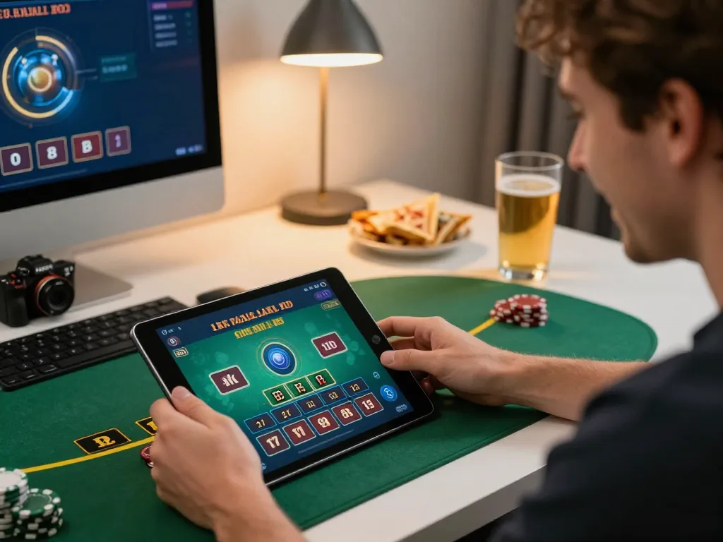 A gambler engaging in live dealer blackjack on a tablet while enjoying the comforts of home at ee88go
