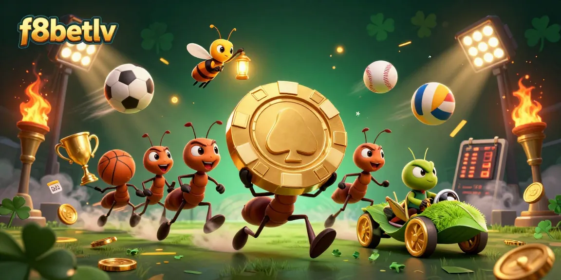 Experience thrilling gambling with f8betlv while ants carry a golden poker chip in a dynamic scene.