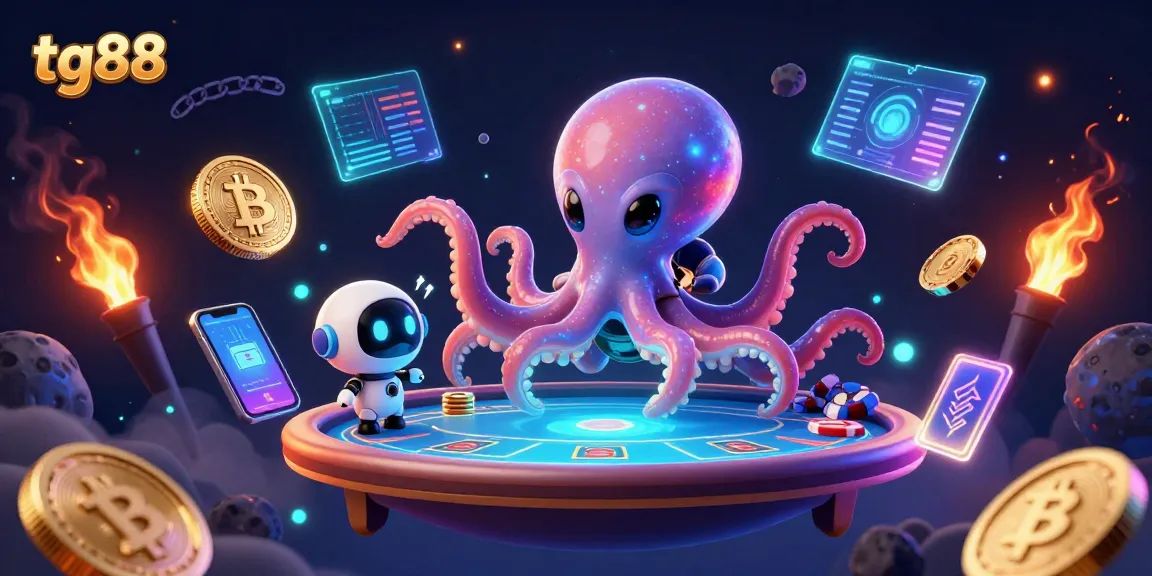 Engage in thrilling gambling activities with tg88 featuring an alien octopus at a holographic poker table.