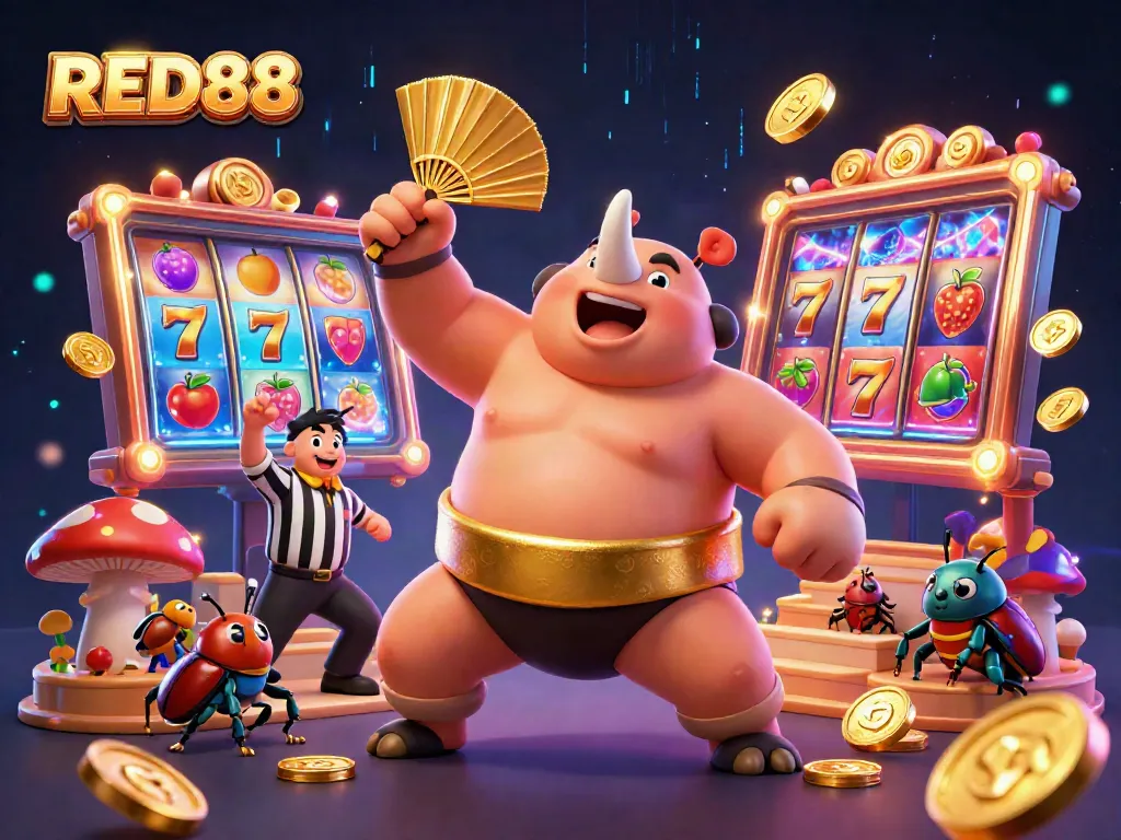 Experience excitement at RED88 with a thrilling casino scene featuring vibrant slot reels and a dancing sumo beetle.