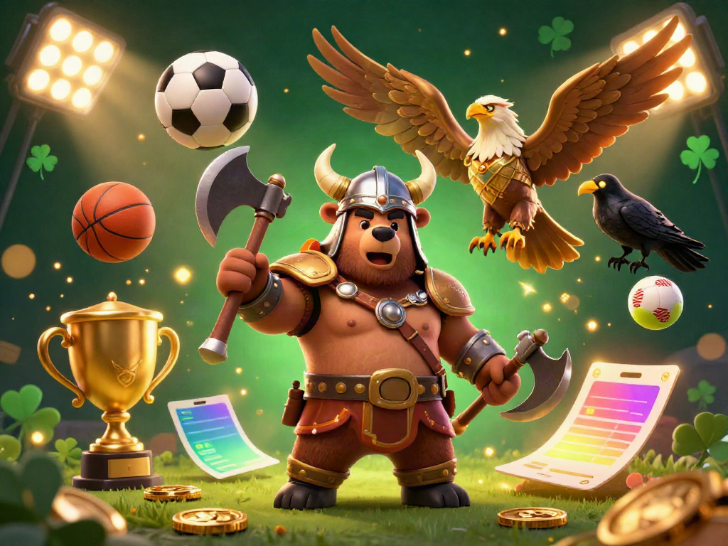 Experience the thrill of 78win with an engaging 3D illustration of a Viking bear, Valkyrie eagle, and sports elements.