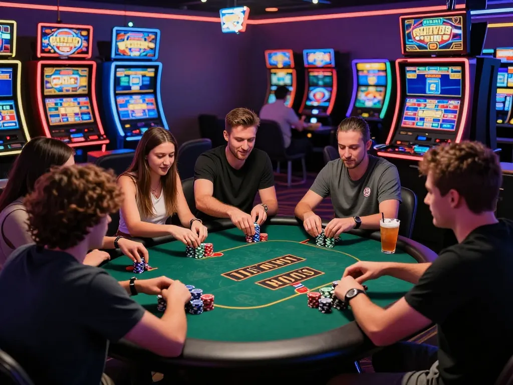 Friends enjoying a lively game of poker at MM88 casino with vibrant gaming lights and snacks.