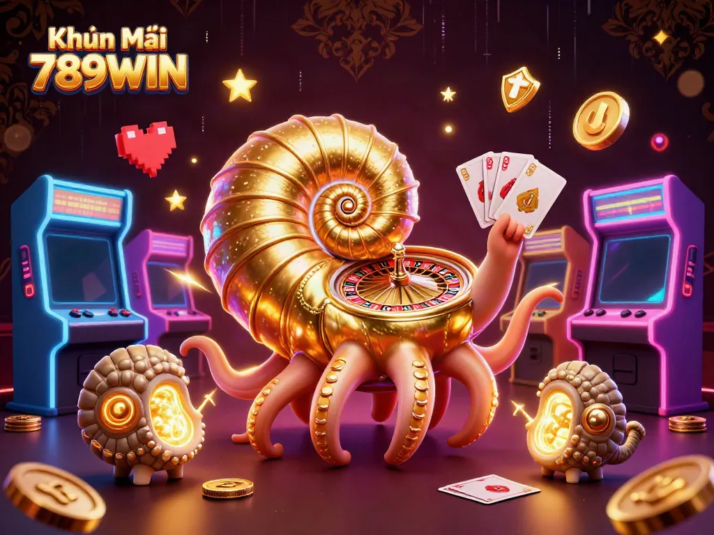 Experience thrilling Khuyến Mại 789WIN with a dynamic 3D casino scene featuring a giant nautilus as a roulette wheel.