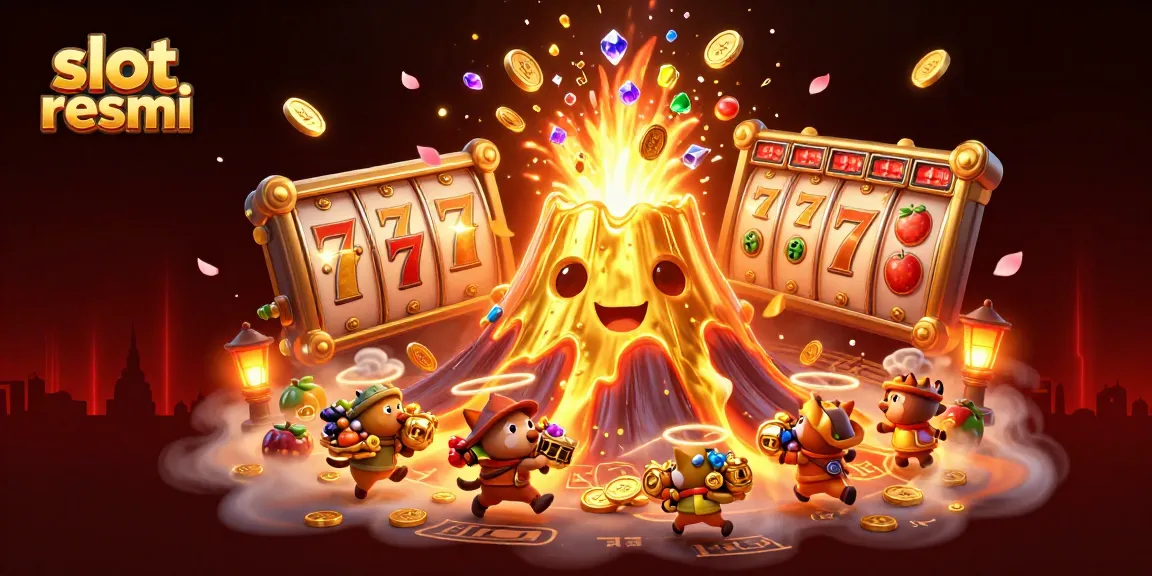 Experience the thrill of slot resmi with a golden volcano erupting treasures in a vivid casino scene.