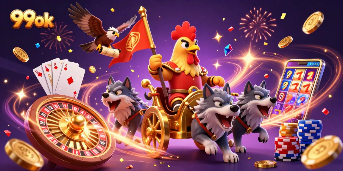 Experience thrilling gameplay with 99ok as roaring coins and winning cards explode in a vibrant casino scene.