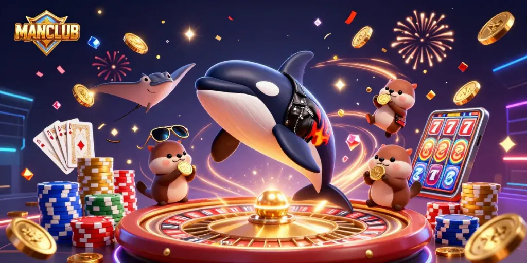 Engage with MANCLUB at a thrilling casino scene featuring an orca, stingray, and otters amidst abundant rewards.