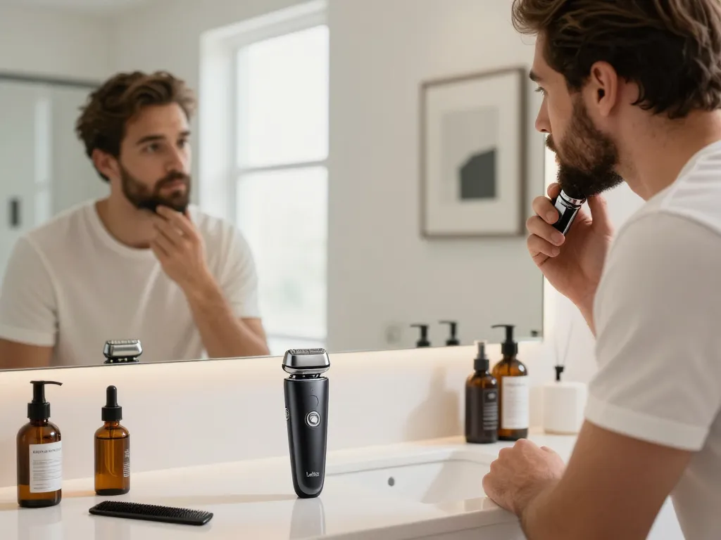 Grooming scene with a Laifen shaver, modern bathroom setting, precision styling.
